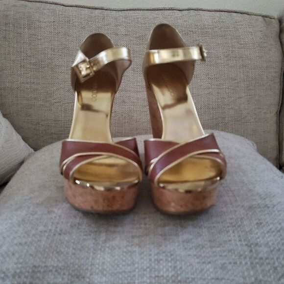 Jimmy Choo Brown/Metallic Gold Leather Pape Mirrored Cork Wedge Sandals Size 7 - Picture 11 of 16
